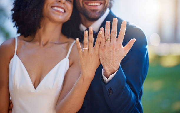 istock Married couple, hands and wedding rings with smile for marriage, commitment or honeymoon in the outdoors. Hand of happy groom and bride smiling and showing ring in symbol for wife and husband 1477457981