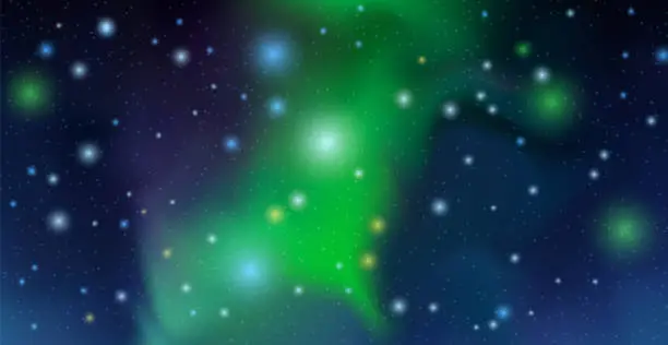 Vector illustration of Abstract vector illustration. Minimalistic concept. Starry night sky with aurora borealis. Realistic landscape. Dark wallpapers. Template for website. Dark background with lights