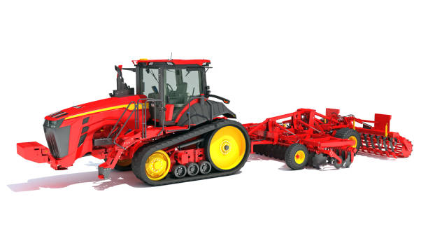 istock Farm Tractor with Trailed Disc Harrow 3D rendering on white background 1477460058