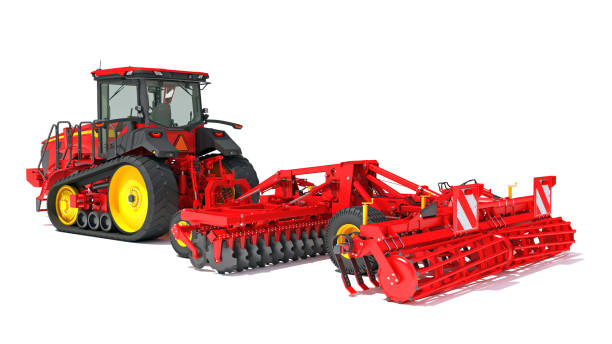 istock Farm Tractor with Trailed Disc Harrow 3D rendering on white background 1477460121