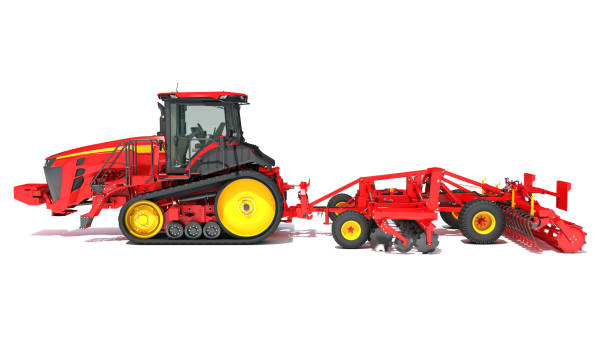 istock Farm Tractor with Trailed Disc Harrow 3D rendering on white background 1477460122
