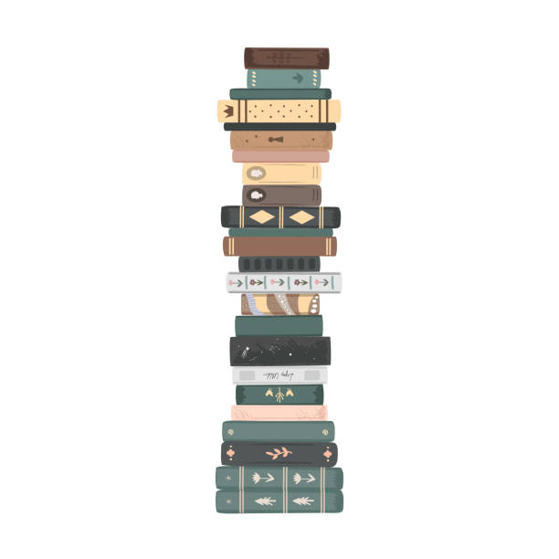 Extremely high pile of vintage books. Standing books composition isolated on white background. Home library. Vector illustration Extremely high pile of vintage books. Standing books composition isolated on white background. Home library. Vector illustration. book binding illustrations stock illustrations