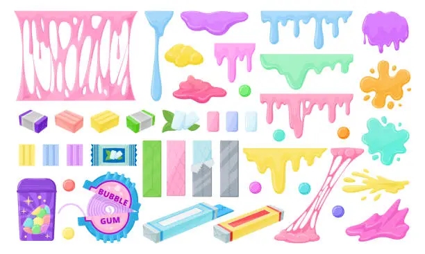Vector illustration of Bubble bubblegum splashes. Cartoon gummie splashes and spots, gum packaging, chewing dragees and bubblegum stripe flat vector illustration set. Sweet gum collection