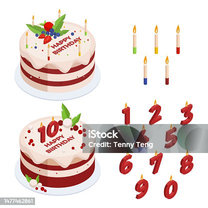 istock Isometric Birthday cake with candles. Baked festive cake and anniversary candles, tasty cake desert for Birthday celebration 3d vector illustration set. Cake and HB candles 1477462861