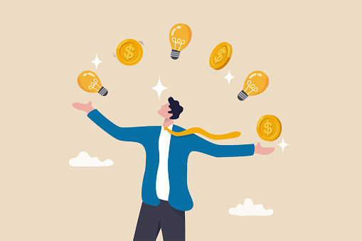Idea to make money, entrepreneur to invent and make profit from new idea, investing strategy  or creativity to earn money concept, businessman entrepreneur juggling lightbulb and money dollar coin.