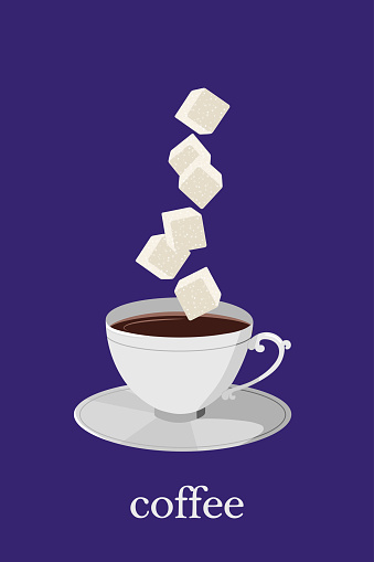 Small sugar cubes fall into the white porcelain cup of hot aromatic coffee. Food and drink vector illustration on dark blue background with copy space.