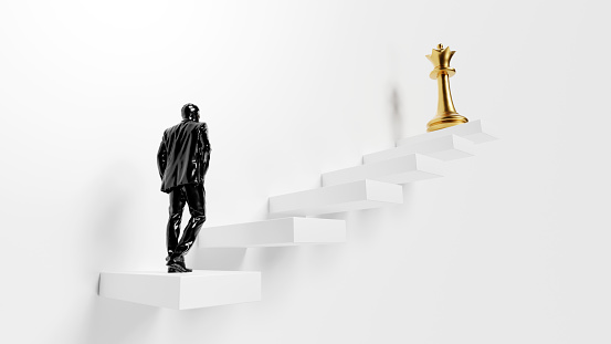 Ladder of success creative conceptual image. Black figure of a businessman climbing the abstract staircase to golden king chess piece