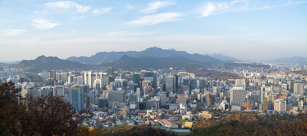 Aerial view of the capital city of Seoul in South Korea, seen a sunny day.