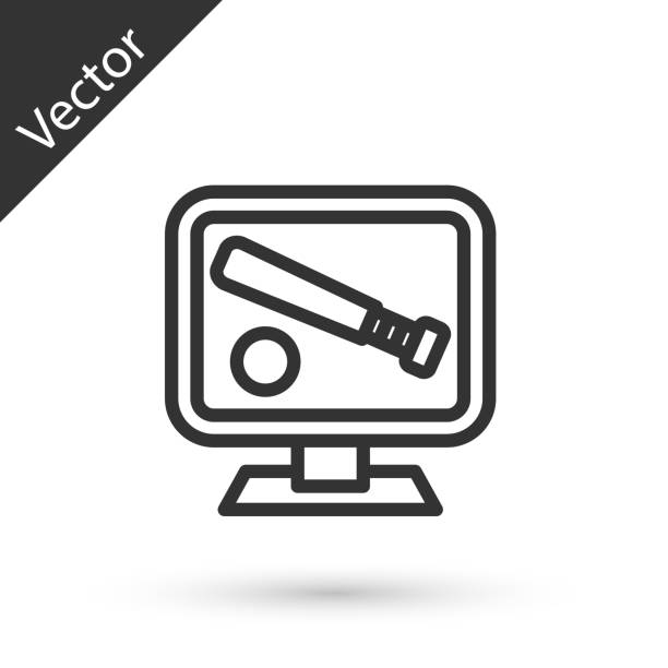 Grey line Monitor with baseball ball and bat on the screen icon isolated on white background. Online baseball game. Vector Grey line Monitor with baseball ball and bat on the screen icon isolated on white background. Online baseball game. Vector. baseball-scorecard stock illustrations