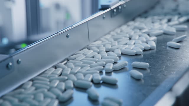 Tablet and Capsule Manufacturing Process. Shot of Medicinal Drug Production Line. White Painkiller Pills are Moving on Conveyor at Modern Pharmaceutical Factory.
