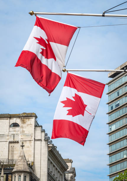 istock Two national flags of Canada. 1477468855