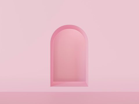 3d pink arch door background. Abstract minimal architectural concept in pastel colors. Minimalist design interior. 3d rendering illustration.