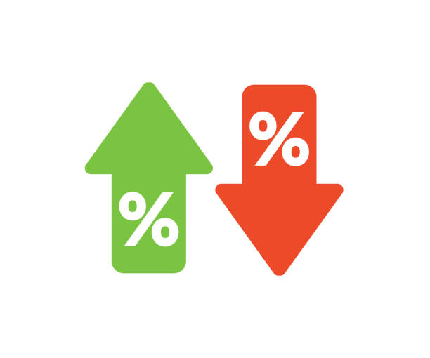 ikona strzałki procentowej w górę i w dół. finanse znak stopy procentowej koncepcja biznesowa. ikona wzrostu, zysk, projekt wektorowy i ilustracja. - interest rate percentage sign moving down sadness stock illustrations