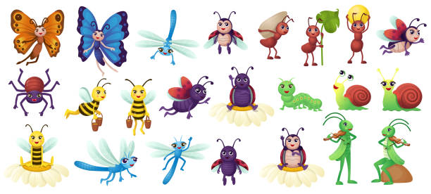 아이들을위한 만화 곤충의 큰 세트입니다. 아이들을 위한 손과 눈을 가진 인간화된 곤충. 곤충을 연구하여 게임을하는 재미.  흰색 바탕에 곤충입니다. - ant comedian stock illustrations