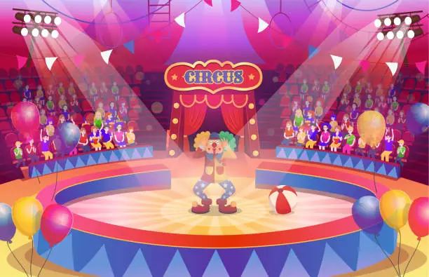 Vector illustration of Circus arena with a round stage for the show. Empty stage interior with seats, flags, spotlights and balloons. Cartoon vector illustration