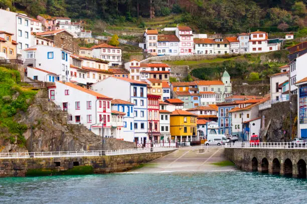 Townscape of Cudillero, old port, Cantábrico sea and fishing village with multicolored houses in Asturias, Spain.