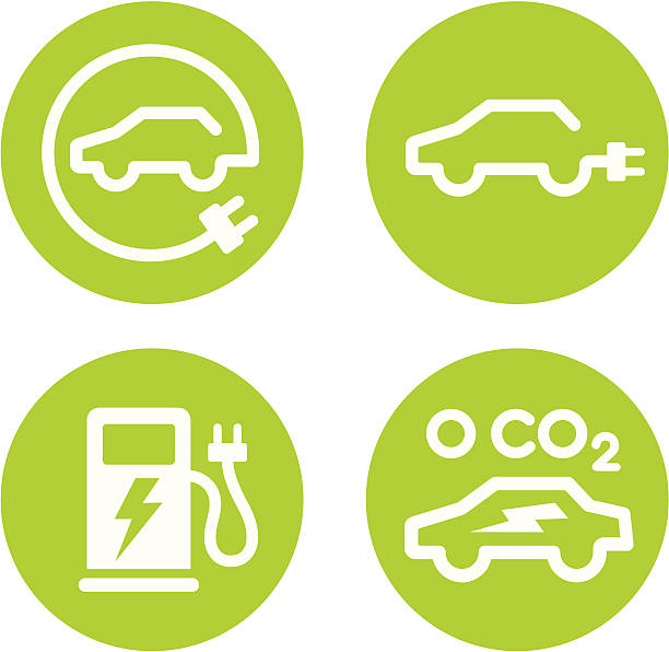 Electric car and charging point icons Series of four vector icons for electric cars and EV charging points. electric car stock illustrations