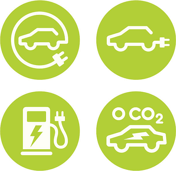 Electric car and charging point icons Series of four vector icons for electric cars and EV charging points. zero emission vehicle stock illustrations