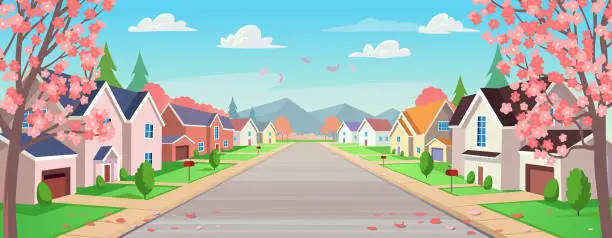 Vector illustration of Suburban houses, street with cottages with garages in spring. A street of houses with flowering trees and a road in perspective. Village. Vector illustration in cartoon style.