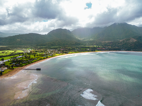 Aerial view of Hanalei Beach pier Bay Kauai Hawaii USA