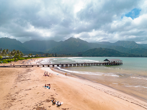 Aerial view of Hanalei Beach pier Bay Kauai Hawaii USA