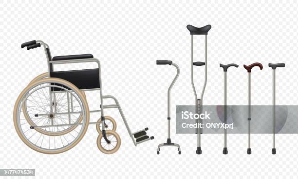 Wheelchair Realistic Supplies Gadgets For Disabled People Injury Patients  Rehabilitation Walking Sticks Decent Vector Templates Stock Illustration -  Download Image Now - iStock