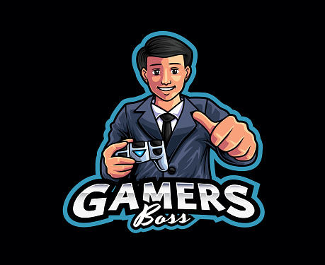 Gamer Boss Mascot Logo Design. Vector illustration Male employee with gaming skills becomes the boss of the game
