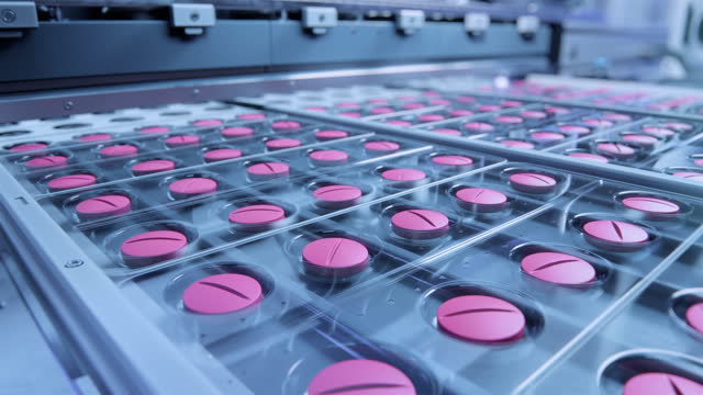 Close-up Shot of Pink Pills During Production and Packing Process on Modern Pharmaceutical Factory. Medicinal Drug Manufacturing.