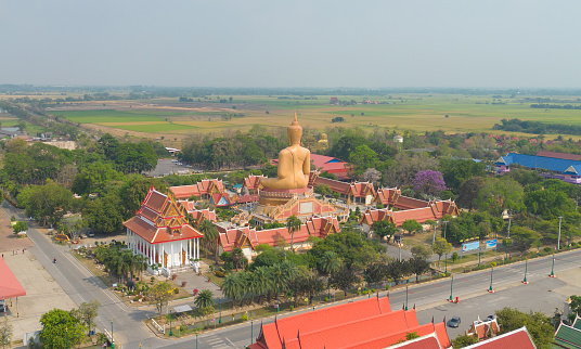 Aerial top view of The Giant Golden Buddha in Wat Muang in Sing Buri district near Bangkok. Urban town city, Thailand.