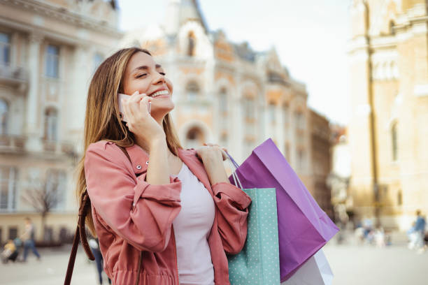 City Shopping and Phone Call stock photo