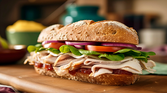 A delicious whole grain turkey sandwich with lettuce, cheese, and tomatoes. Perfect for food bloggers, restaurant menus, or healthy eating ads. Keywords: turkey sandwich, whole grain bread, lettuce, cheese, tomato, healthy eating, lunch, sandwich, meal, macro photography, depth of field, appetizing