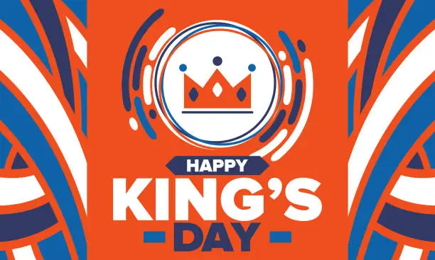 Vector illustration of King’s Day in Netherlands. Koningsdag in Dutch. Nation’s cultural heritage and the celebrate birthday of His Majesty King. Dutch royal family. Netherlands flag. Orange colour or orange madness. Vector