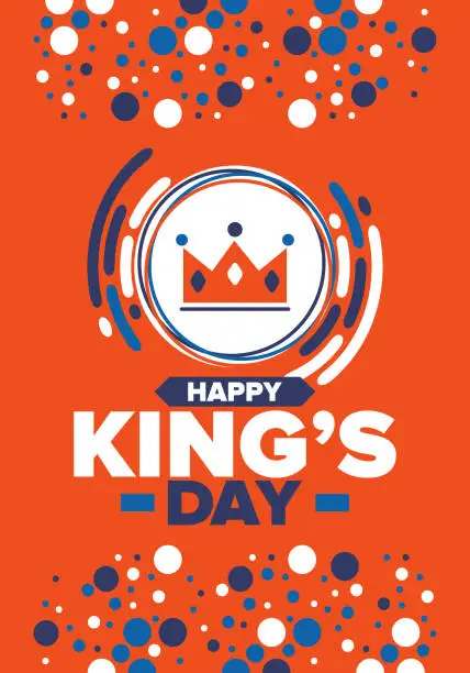 Vector illustration of King’s Day in Netherlands. Koningsdag in Dutch. Nation’s cultural heritage and the celebrate birthday of His Majesty King. Dutch royal family. Netherlands flag. Orange colour or orange madness. Vector
