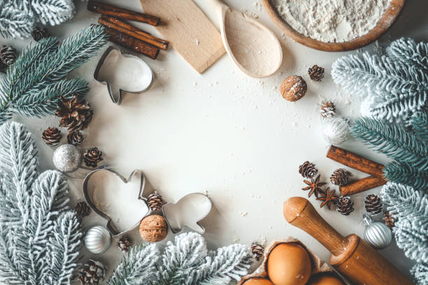 istock Christmas background with place for text. Flour, eggs, cinnamon, form, rocking flat lay top view 1477481085