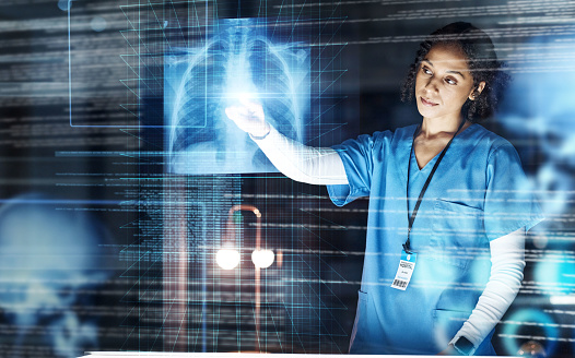 Doctor, hospital or healthcare with futuristic lungs in tuberculosis, cancer or heart analytics in night surgery planning. Hologram, abstract or breathing organ xray for thinking nurse or woman ideas