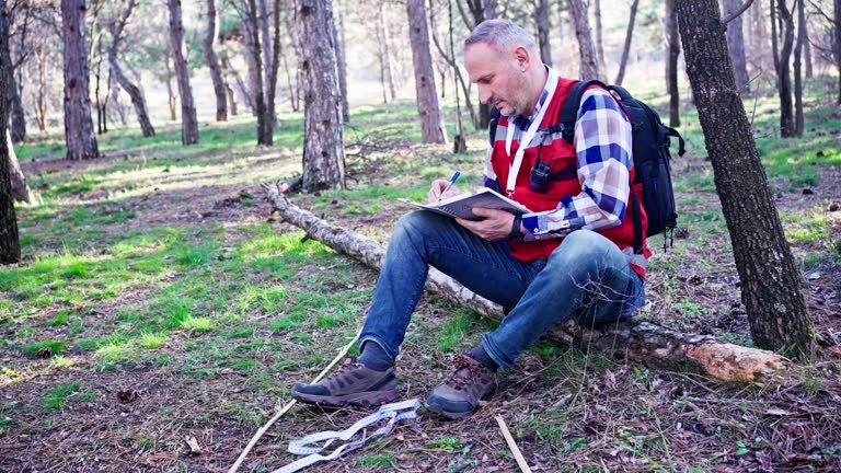 Forester studying environmental, Forest ranger on a walk