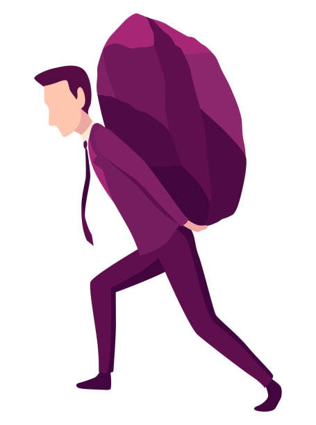 istock Businessman with boulder vector illustration. Stressed mans carry heavy stone on shoulder overwhelmed with problem or task. Crisis problem of business people, burden, challenge, conquering concept 1477483083