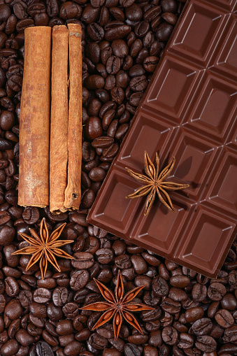 Coffee beans and chocolate and spice