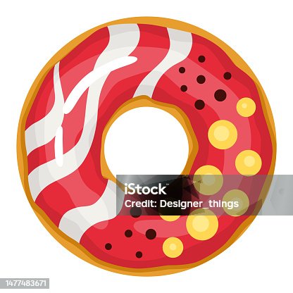 istock Donut. Top view sweet dessert into glaze for menu design, cafe decoration or delivery box. Candy food with sprinkles. Traditional breakfast 1477483671