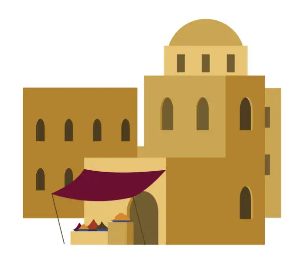 Vector illustration of Middle east. Arabic desert with traditional mud brick houses. Ancient building. Flat vector illustration