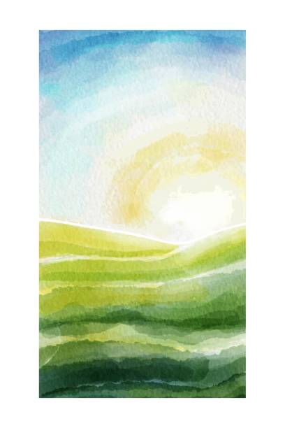 Watercolor landscape, green fields and rising sun Watercolor evening landscape. Simple vertical aquarelle abstract sketch with sun setting in red windy sky over winding river and forest. Hand painted modern scenery illustration in vivid colors green valley denmark stock illustrations