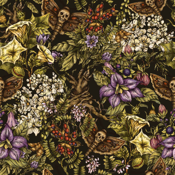 Vintage witchcraft poisonous flowers and plants seamless pattern with skull moth Vintage wicca poisonous flowers and plants seamless pattern with skull moth on black mandragora stock illustrations