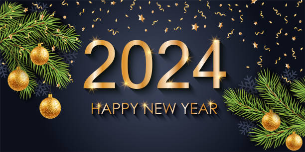 ilustraciones, imágenes clip art, dibujos animados e iconos de stock de 2024 feliz año nuevo y feliz navidad tarjeta de felicitación, pancarta, póster, volante. - new years day