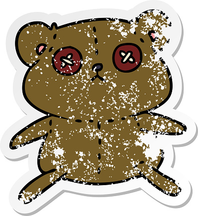 freehand drawn distressed sticker cartoon of a cute stiched up teddy bear