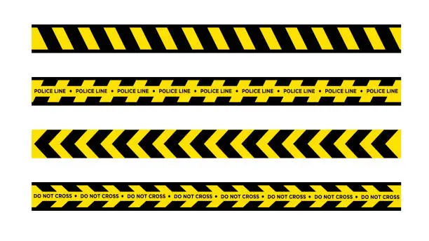 Vector illustration of Set of black and yellow warning tapes isolated on white background. Vector illustration.
