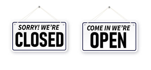 istock Information boards with Come in we're open and Sorry, We are closed. White signboard with a rope on background. Business concept for closed and open businesses, sites and services 1477488577