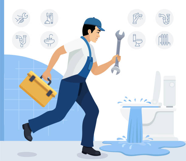 ilustraciones, imágenes clip art, dibujos animados e iconos de stock de servicio de urgencias en fontanería. concepto de banner profesional. - plumber water pipe leaking water