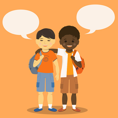 Two friends are happy to meet at school. Vector illustration on orange background with frames for text.