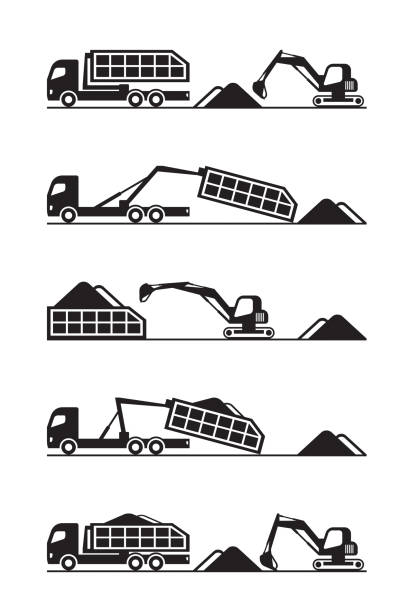 Mini excavator loading skip truck Mini excavator loading skip truck – vector illustration ballast stock illustrations