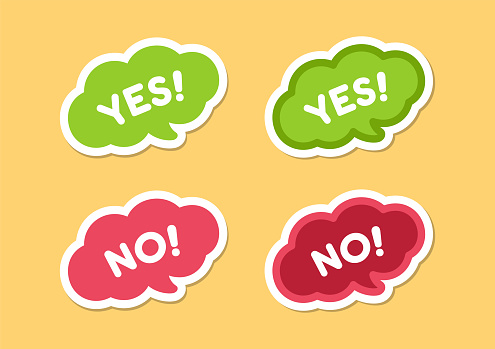 Yes and no chat speech bubble icon set. Cute black text lettering vector illustration.